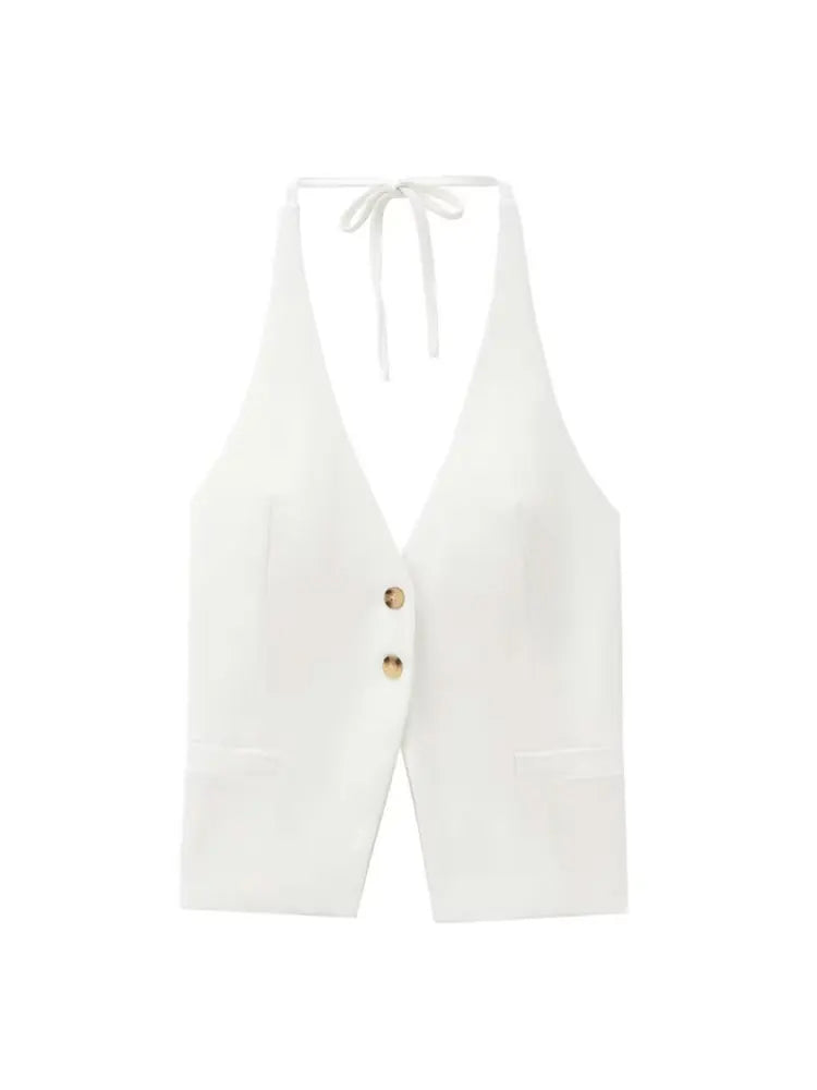 Front Button Tank Tops for Women, Tied Halter Neck, Backless, Female Camis, Sexy Fashion