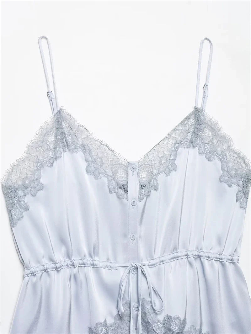 Women's Top 2026 New Spring Summer Lace Decoration Satin Textured Top for Women Chic Personality Female Spaghetti Strap Top