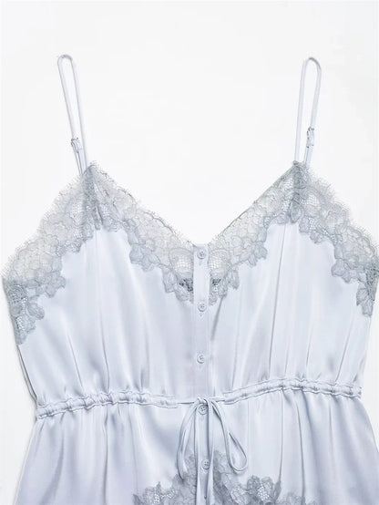 Women's Top 2026 New Spring Summer Lace Decoration Satin Textured Top for Women Chic Personality Female Spaghetti Strap Top