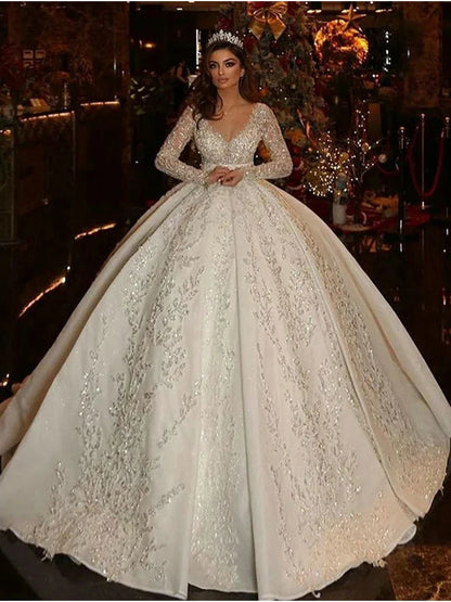 Wedding Dress Fully Beaded With Princess Ball Gown O-Neck Full Sleeve Bride Dress Customized Button Vestido De Novia