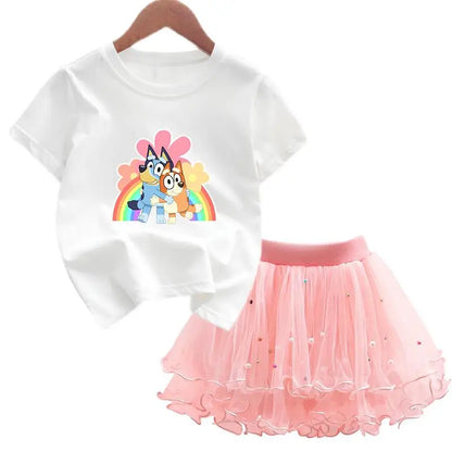 2Pcs/Set Girl Dress Kid Birthday Clothes Party Princess Dress Cartoon T-shirt+Tutu Skirt Summer Evening Christmas Gift