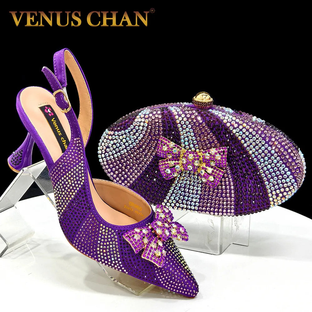 Nigerian-Inspired Rhinestone High Heels for Women with Purple Oval Bag – Stylish Ladies' Footwear & Accessory Set