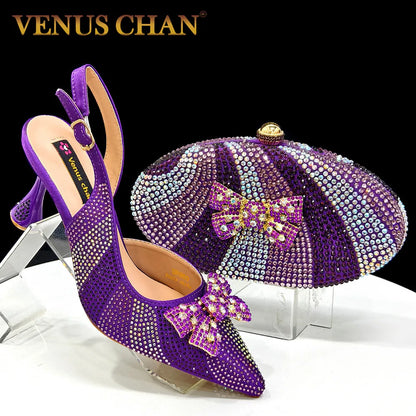 Nigerian-Inspired Rhinestone High Heels for Women with Purple Oval Bag – Stylish Ladies' Footwear & Accessory Set