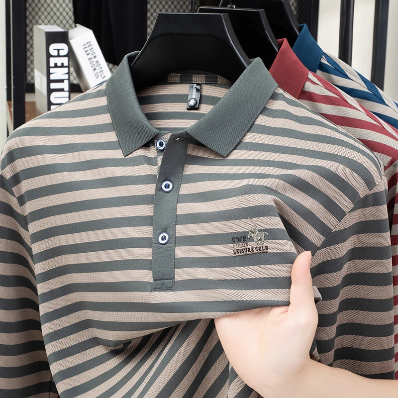 2025 new spring and autumn season new men's striped long sleeved T-shirt business casual lapel polo shirt base top