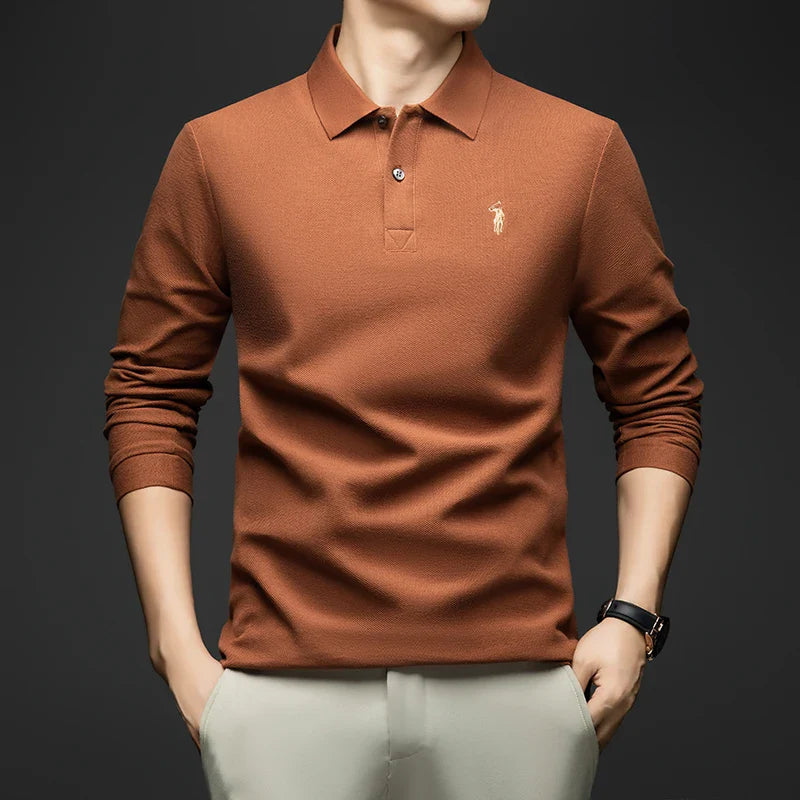 100% Pure Cotton Men's Long Sleeved Polo Shirt, Collar T-shirt, Spring and Autumn Top, No Ironing, Wrinkle Resistant Embroidery