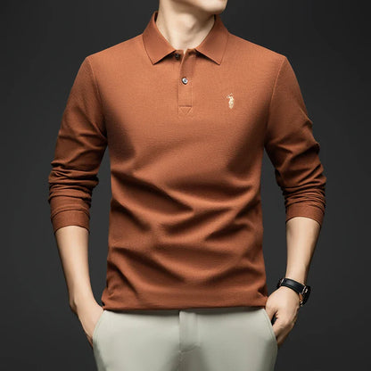 100% Pure Cotton Men's Long Sleeved Polo Shirt, Collar T-shirt, Spring and Autumn Top, No Ironing, Wrinkle Resistant Embroidery