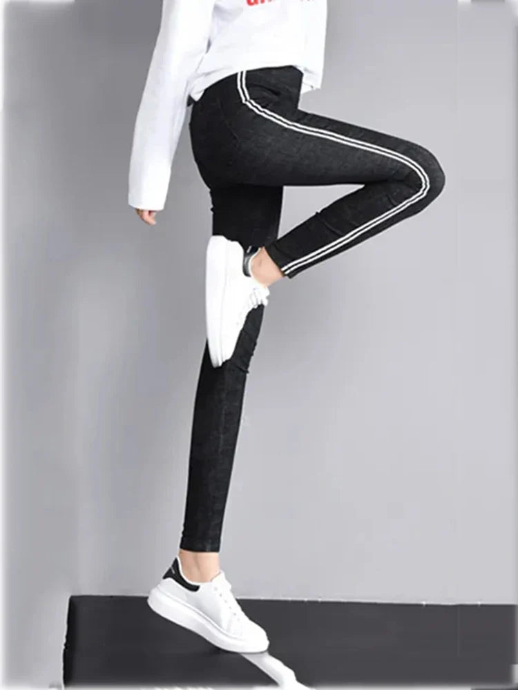 Side Striped Skinny Stretch Pencil Jeans Pants Women Elastic High Waist Vaqueros Vintage Oversize 5xl Ankle Length Denim Spodnie
