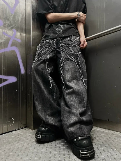 Vintage Y2K Baggy Jeans Splicing embroidery Pattern high quality jeans Hip Hop Gothic Streetwear men women Casual wide leg jeans