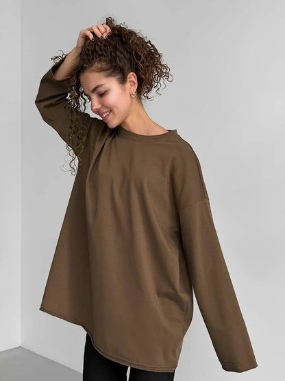 Women Summer 100% Cotton T-shirt Bottoming Spring Basic Fashionable Solid Lady Long Sleeve Loose Tops Shirts