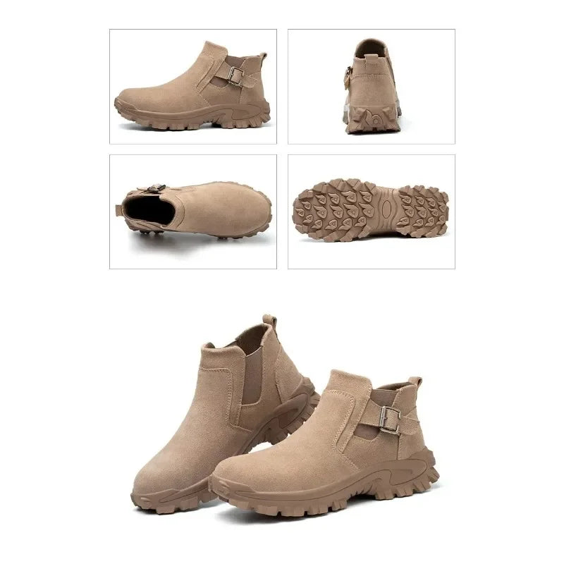 Cowhide and Suede Work Shoes  Outdoor Anti Smashing Safety Desert Boots Chelsea Men's Fashionable Steel Toe Cover Safety Boots