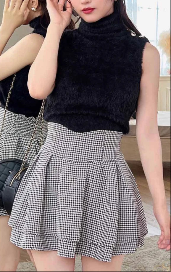 Japanese Lolita Skirts Ruffled Pleated Plaid Skirt Women 2026 Spring New Elastic High Waist Slimming Gentle Mini Skirt Culottes