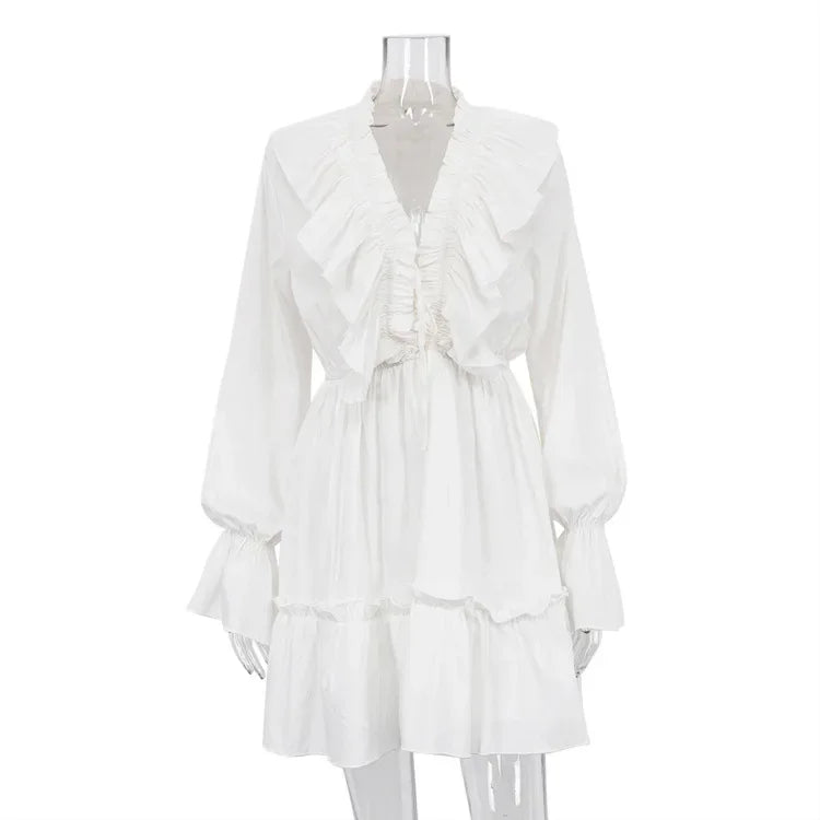 White Ruffle Bandage Mini Dress Women's Elegant Patchwork Long Sleeve Dress New Slim V Neck Lace Up Summer Mini Dress