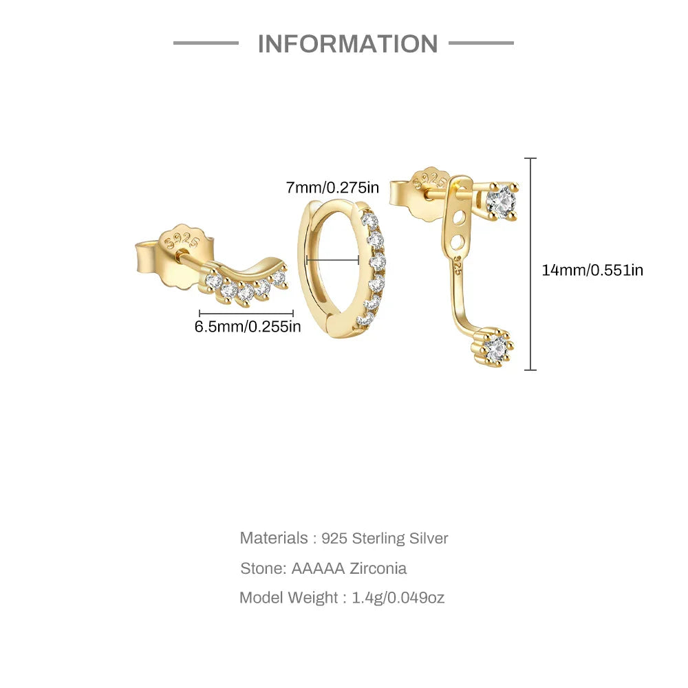 925 Sterling Silver 3PCS DIY Hoop Earring With Piercing Stud Earring Set Women Men Party Wedding Jewelry Set pendientes 925