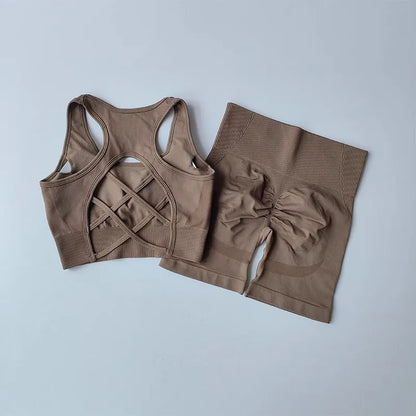 Women's yoga exercise set, paired with cross gathered back and high waisted hip lifting sports shorts