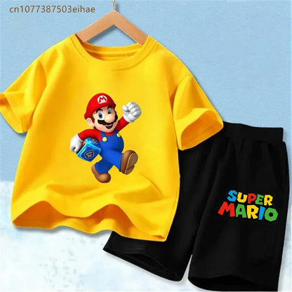 Kids Mario Graphic Short Sleeve T Shirt And Shorts Set Lightweight Summer Sport Costume Boys Girls Casual Home Outdoor Clothes