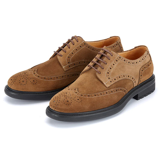 Men's Brogue Suede Leather Shoes, Handmade Carved Lace-up Derby Oxfords, Premium Cow Suede Upper Formal Business Casual Footwear