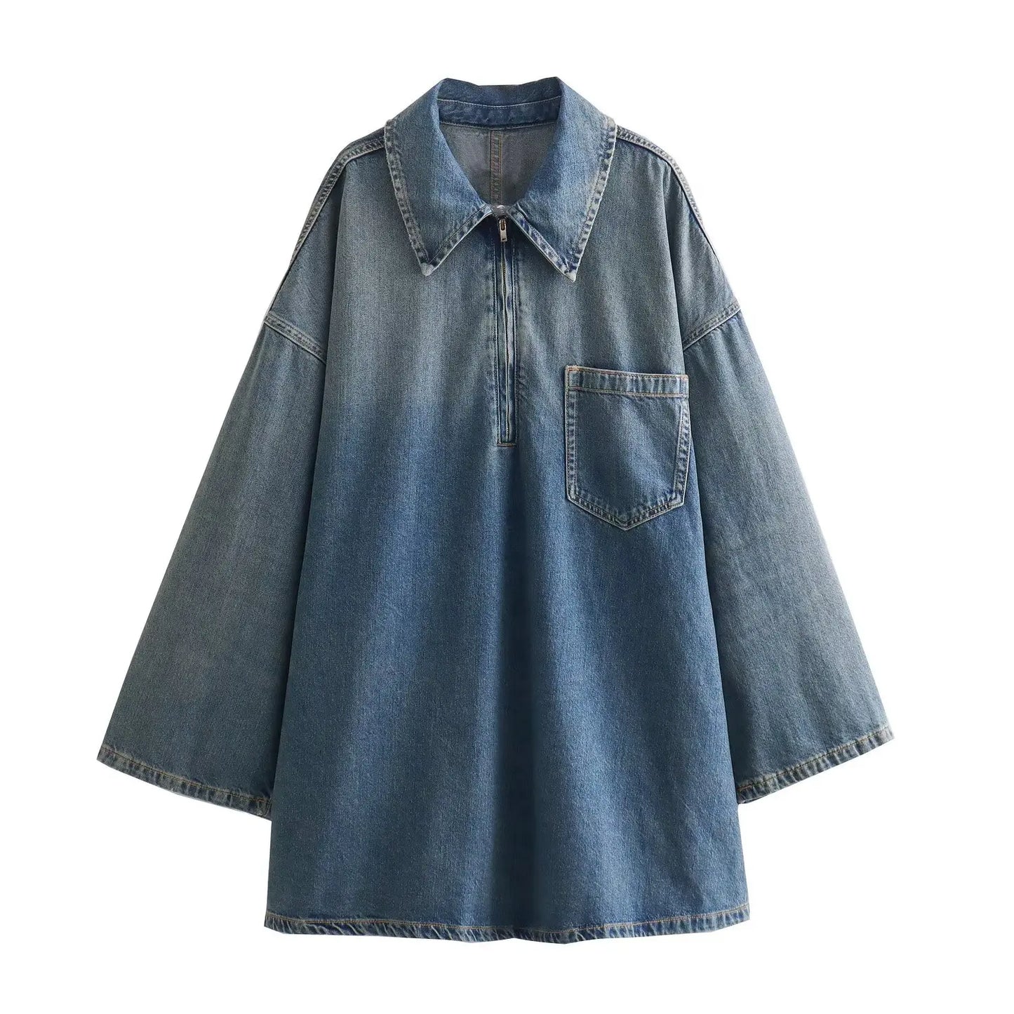 Women Fashion Solid Denim Dress Long Sleeves Female Chic Lady Casual Loose Short Dress