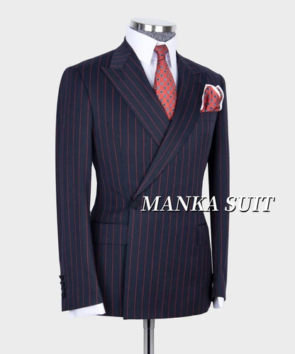 Peak Lapel Navy Blue Red Stripe Smart Casual Suits for Men Double Breasted Jacket Pants Formal Party Business Office  Man Suits