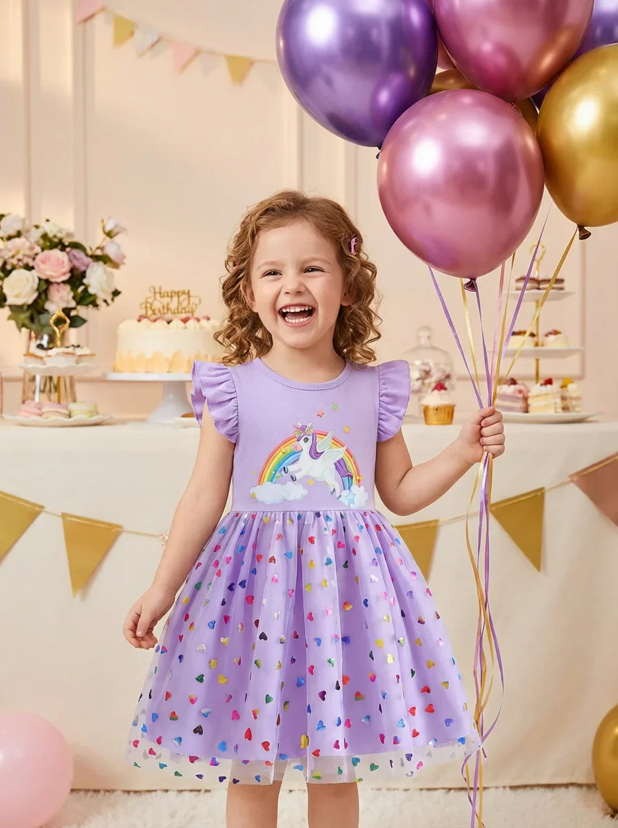 2026 Korean Style Girls Summer Unicorn Print Dress Short Sleeve Tulle Princess Gown Kids Casual Party Clothes for South Korea