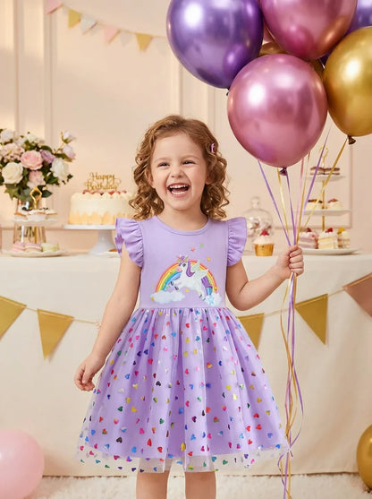 2026 Korean Style Girls Summer Unicorn Print Dress Short Sleeve Tulle Princess Gown Kids Casual Party Clothes for South Korea