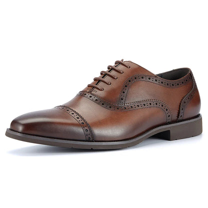 Men's Genuine Leather Brogue Oxfords, Business Formal Dress Shoes with Soft Rubber Sole
