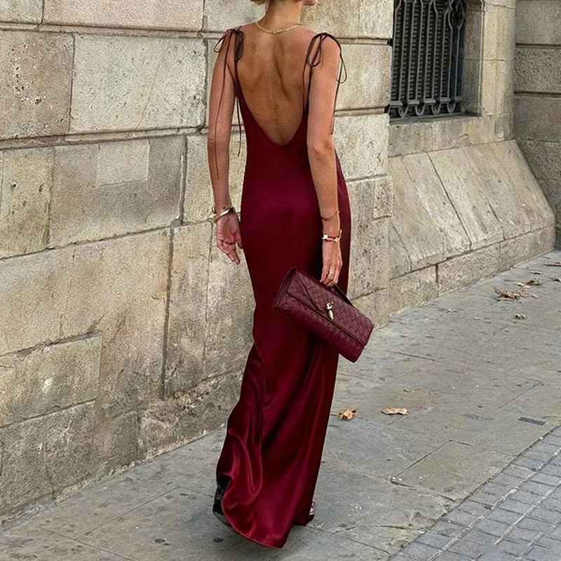 Original Women's Satin Champagne Dress Sleeveless Sexy Backless Evening Dresses Guest Elegant Bridesmaid Long Evening Gown