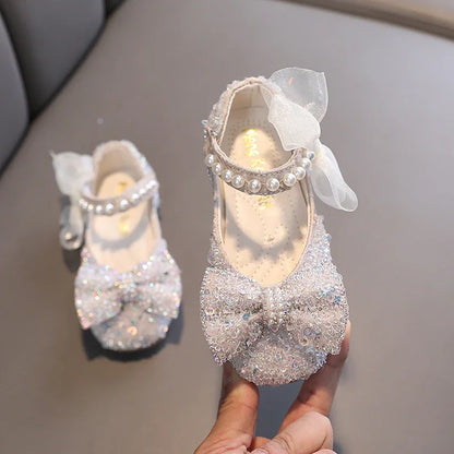 Toddler Girl's Princess Shoes Sequins Lace Bowknot 21-36 Children Mary Janes Three Colors Luxury Trendy Party Kids Shoes Flats