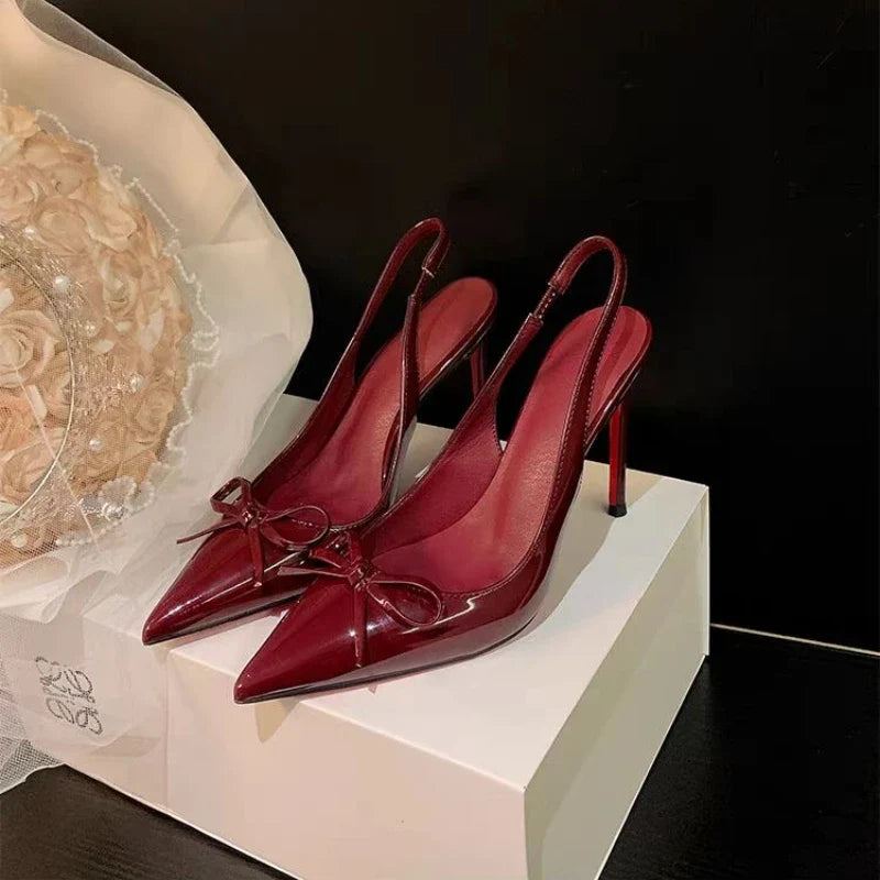 Leather Women's High Heels 2026 Summer New Style Bow-tie Pointed Toe Sandals Sexy Striptease Party High Heels