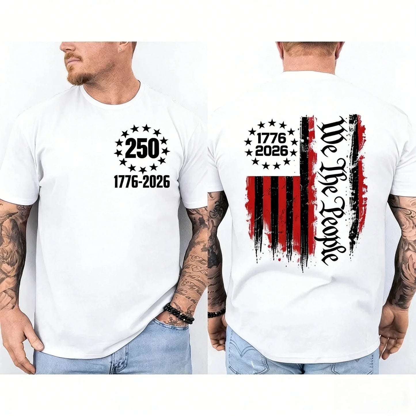 USA Flag 250th Anniversary Patriotic White T-Shirt with Front & Back Prints Loose Fashion Streetwear Women And Men T-Shirt