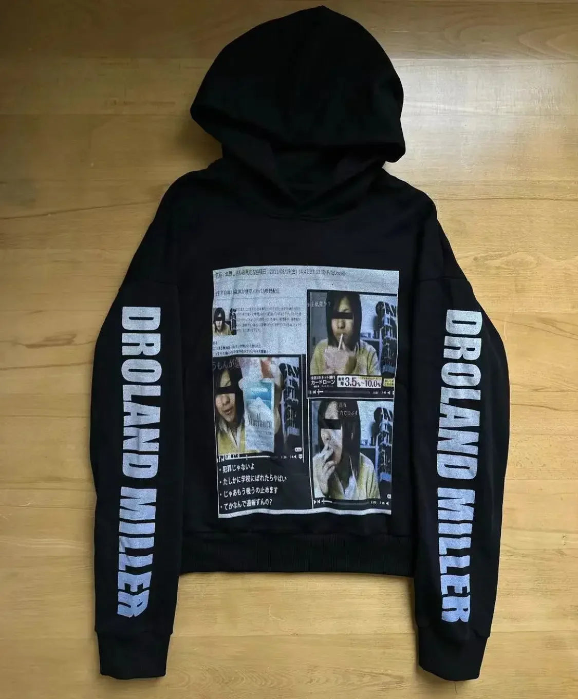 Mens Black Hooded Graphic Hoodie Horror Character Print Thriller Style Streetwear Unique Creative Design Express Individuality