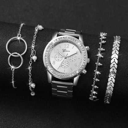 5PCS/Set Fashion Rhinestone Women's Watch Alloy Band Analog Quartz Watches Bracelets Set Reloj Mujer Girls Clock