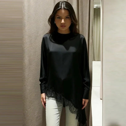 Lace Asymmetric Black Shirts Woman Blouses Spring Autumn 2026 Minimalist Women's O-Neck Long Sleeve Top Korean Style Blouse