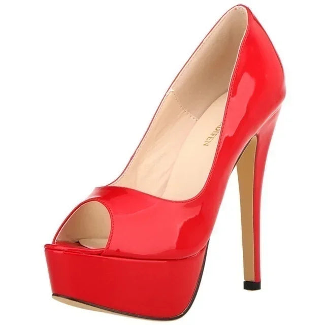 2026 New Women Pumps Sexy Platform Peep Toe 14cm Extremely High Heels Stiletto Patent Leather Party Nighclub Red Wedding Shoes
