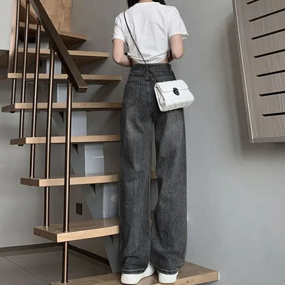 American Style Black Grey Wide-Leg Jeans For Women
