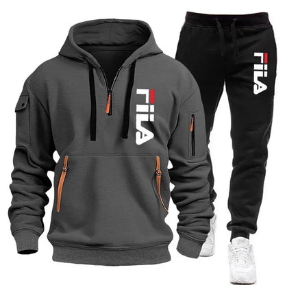 2026 Autumn and winter new men's multi pocket zipper hooded sports shirt+pants two-piece set, men's casual pullover sports set