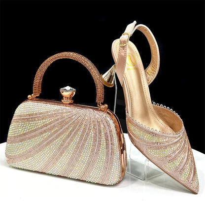 New Green Colour Pointed-Toe Diamond-Studded Party Women's High Heels Gorgeous Parties Shoes and Bag to Match