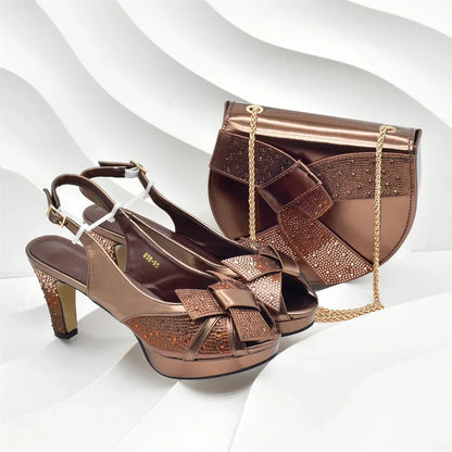 Fashion Women Nigerian Italian Shoes and Bags Set Decorated with Rhinestone Peep Toe High Heels Women Pumps for Wedding