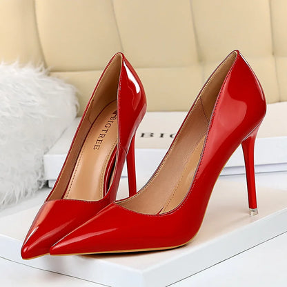 Women 7.5cm 10.5cm High Heels Wedding Bridal Classic Pumps Lady Scarpins Metallic Leather Low Heels Stiletto Nude Office Shoes