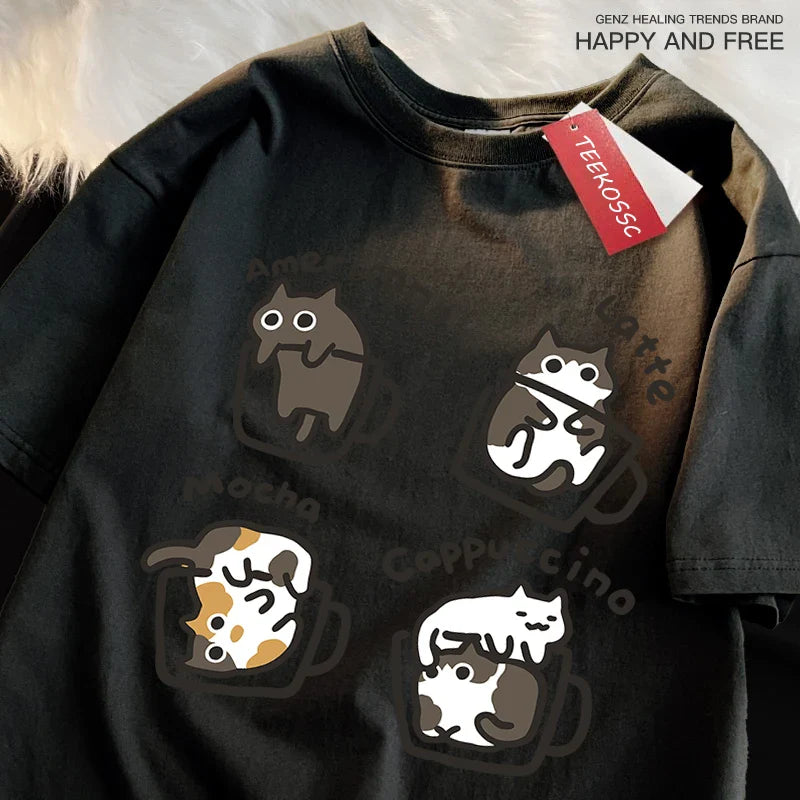 American Style Coffee Cat Print T-Shirts Man Casual Cotton T-Shirt Summer Breathable Tee Clothing Casual Loose Male T-Shirts