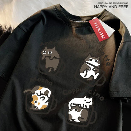 American Style Coffee Cat Print T-Shirts Man Casual Cotton T-Shirt Summer Breathable Tee Clothing Casual Loose Male T-Shirts