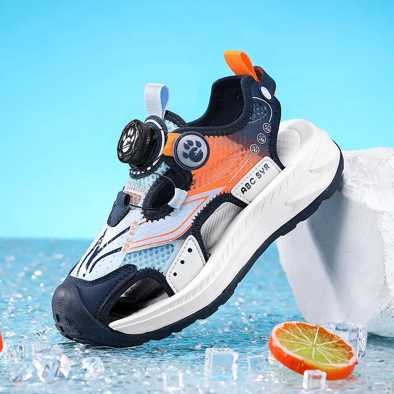 Kids Rotating Button Closed-Toe Sandals, Breathable Mesh Sport Shoes for Boys, Non-Slip Adjustable Summer Beach Sneakers
