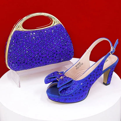 Style Dark Green Color Rhinestone Elegant High Heels Nigeria Popular Design African Ladies Shoes And Bag Set
