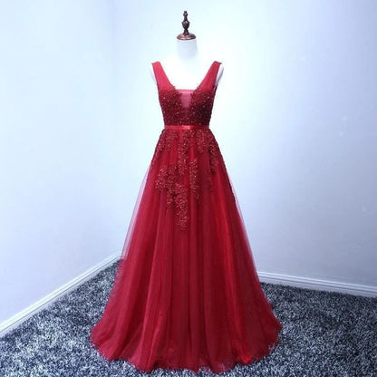 A-line V-neck Tulle Sleeveless Zipper Up Long Prom Applique V Neck Evening Gowns Formal Elegant And Pretty Women's Dresses
