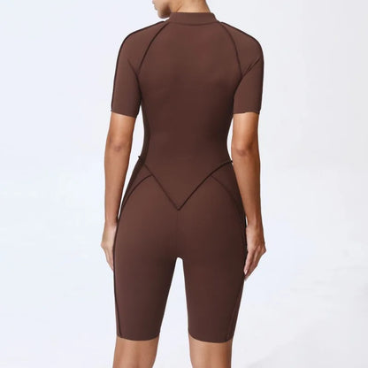 Zipper Short-sleeved Yoga Sports Fitness Jumpsuits Sets Without Chest Pad Tight Bodysuits Shorts Gym Workout Clothes for Women