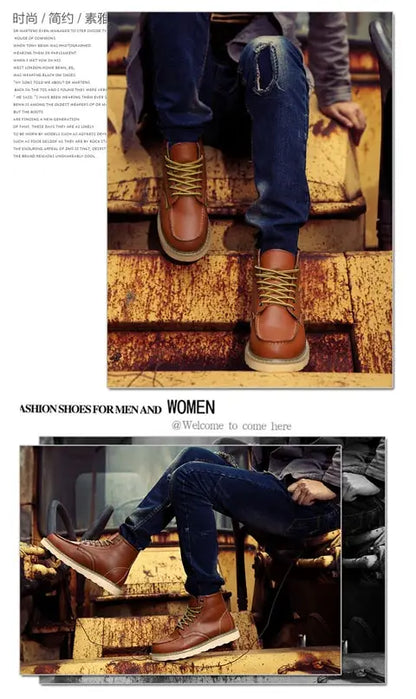 High-top men's leather shoes Fashion motorcycle ankle boots Autumn and winter lace-up casual work men's shoes leather flats