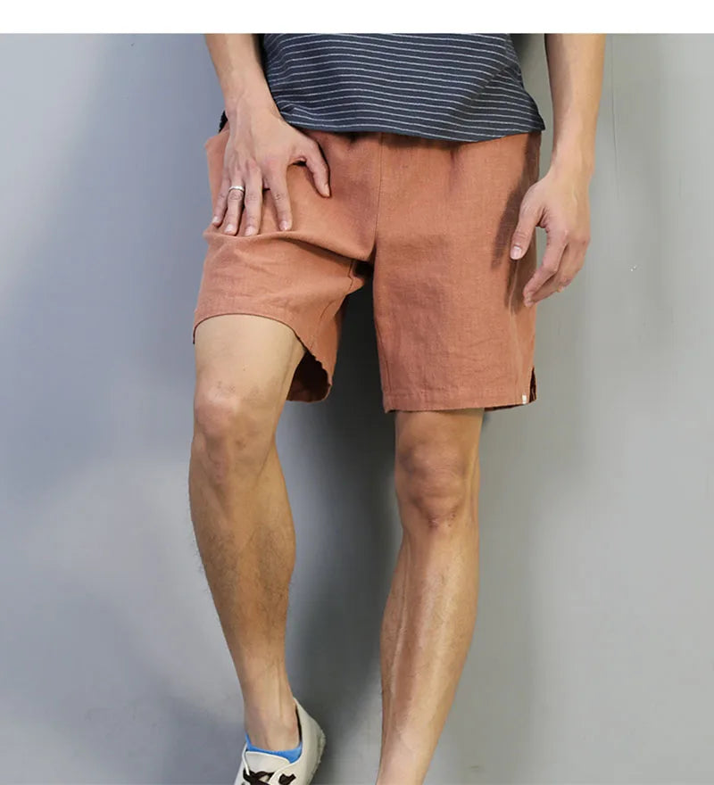 Summer Men Casual Cotton Linen Shorts Knee Length Beach Elastic Waist Shorts Solid Color Comfortable Pants New