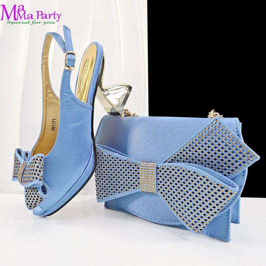 2025 High Quality Fashion New Design Super High Heels in Sky Blue Color Special Mature Italian Women Shoes and Bag Set