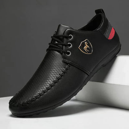 Men's loafers, featuring black and red accents - low-top lace-up design, breathable fabric lining and durable PVC sole, suitable