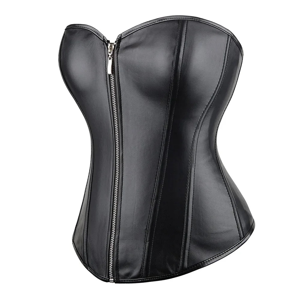 Red Black PU Leather Bustier Tops Zipper Steampunk Corset  Korset Overbust Body Shaper Women Sexy Basque