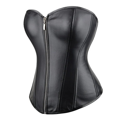 Red Black PU Leather Bustier Tops Zipper Steampunk Corset  Korset Overbust Body Shaper Women Sexy Basque